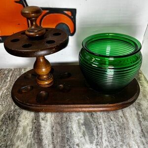 Vintage Walnut Pipe Rack with Green Glass Humidor – 6 Pipe Stand, Mid-Century